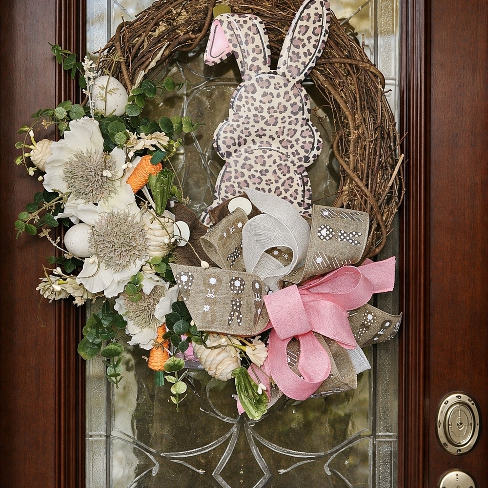 Leopard Bunny Easter Wreath Adorned With Pink and Cream Accents